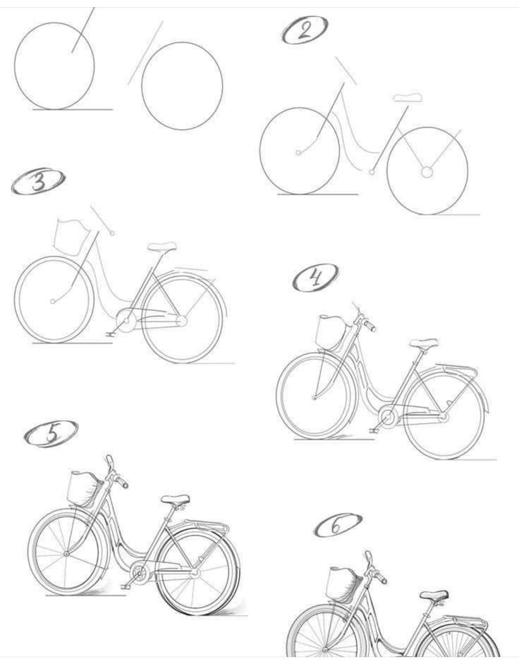 Step-by-step guide to drawing a bicycle, showing six stages from basic shapes to detailed sketch.