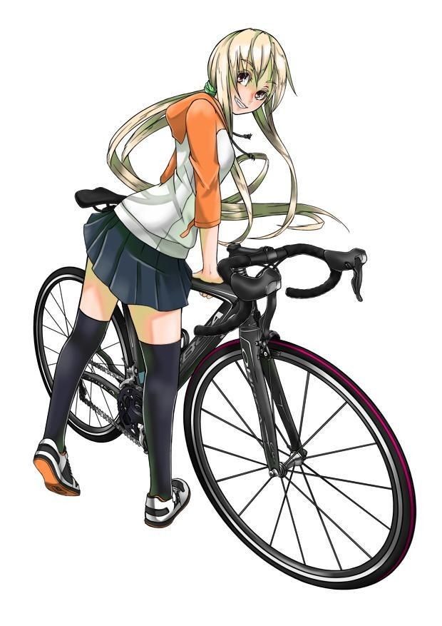 Anime girl with long blonde hair stands next to a bicycle, wearing a skirt and baseball shirt.