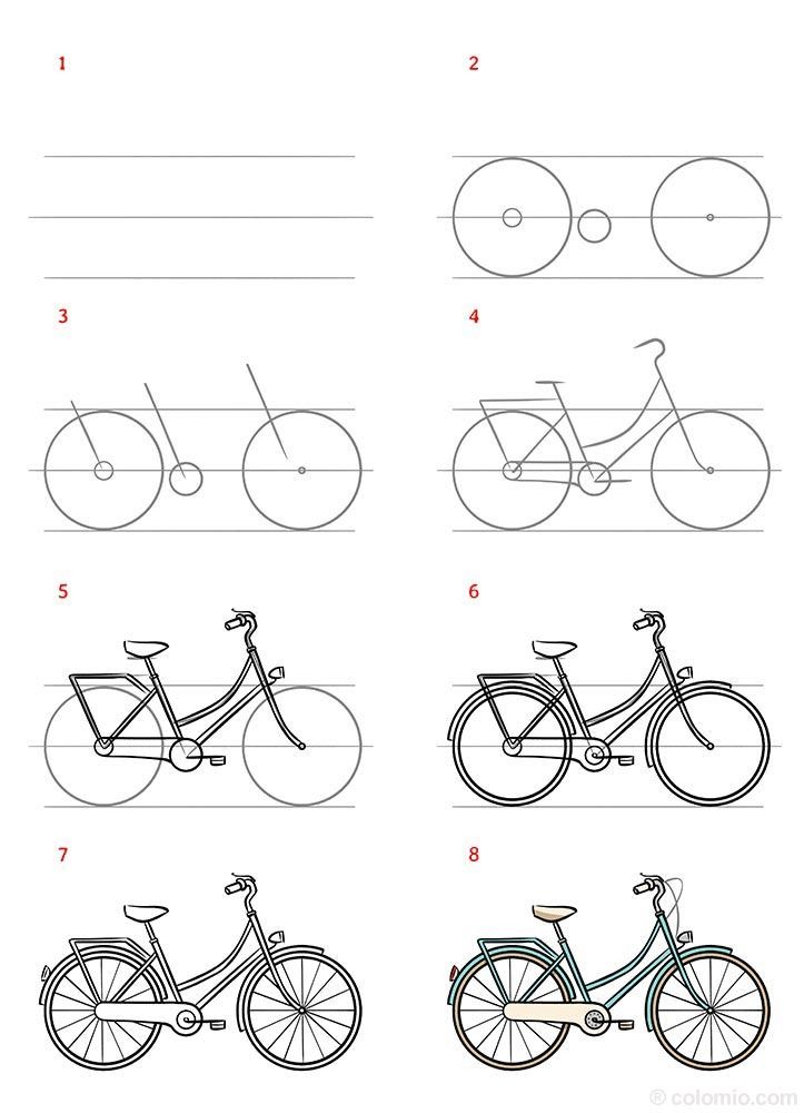 Step-by-step guide to drawing a bicycle, from basic shapes to detailed final illustration.