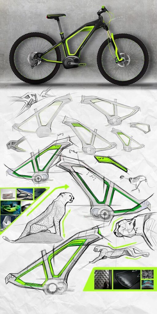 Futuristic bicycle design with sketches showcasing innovation, sleek frame, and vibrant green accents.