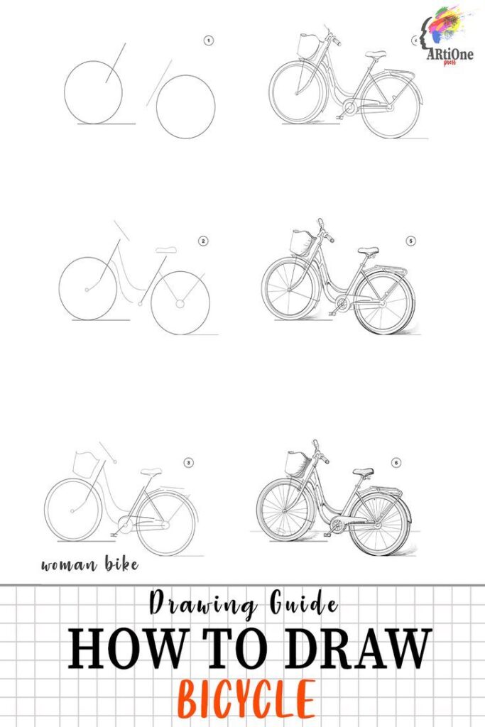 Step-by-step guide on how to draw a bicycle, from sketch to detailed illustration.