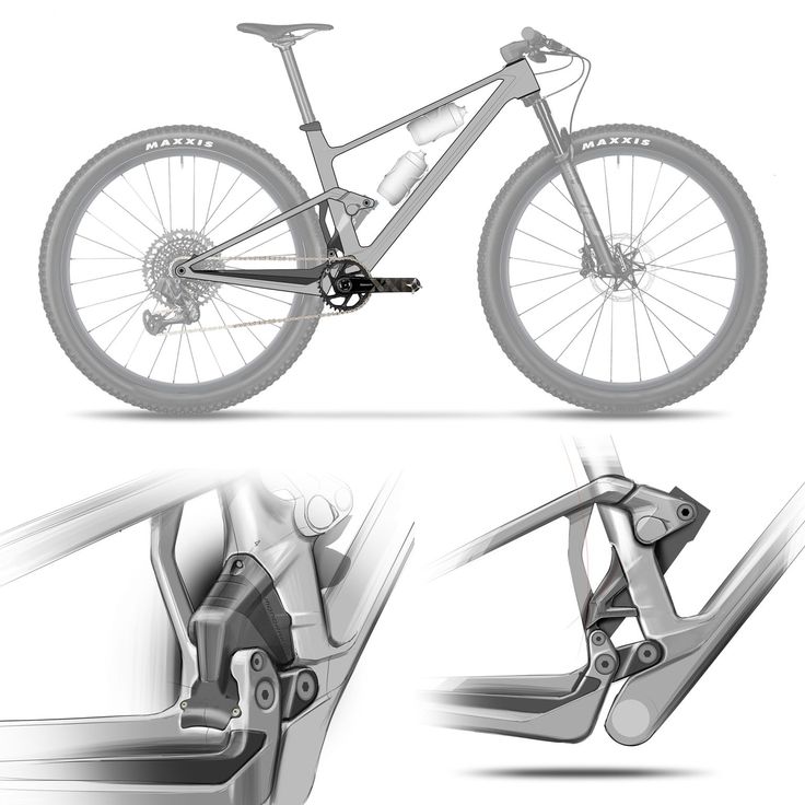 Illustration of a mountain bike design with close-up views of the suspension system details.