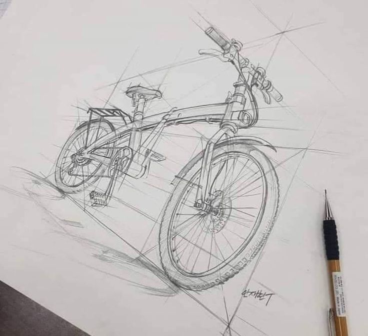 Sketch of a detailed bicycle design with precise lines and angles, showcasing artistic drafting skills.