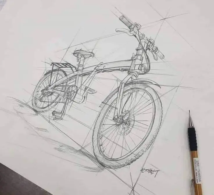 bike-drawing2 Sketch of a detailed bicycle design with precise lines and angles, showcasing artistic drafting skills. | Sky Rye Design Sketch of a detailed bicycle design with precise lines and angles, showcasing artistic drafting skills.