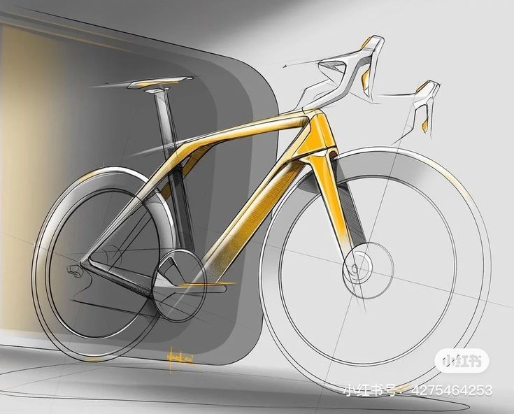 Futuristic racing bike concept sketch in yellow and black, showcasing modern aerodynamic design elements.