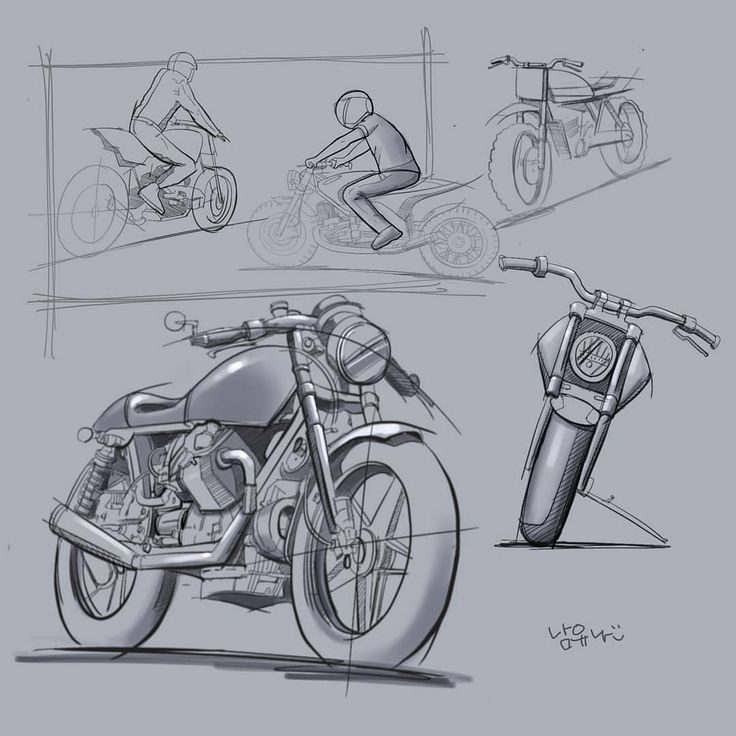 Sketches of motorcycle designs with side and front views, showcasing detailed elements and riders in different poses.