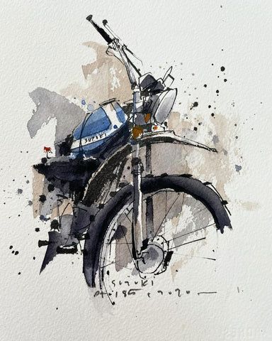 Watercolor painting of a Suzuki motorcycle, focusing on the front wheel and handlebars, with artistic splatters.