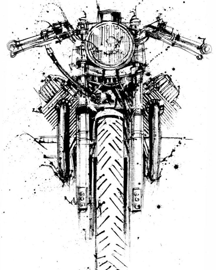 Sketch of a classic motorcycle front view, showing intricate details of handlebars and tire pattern.