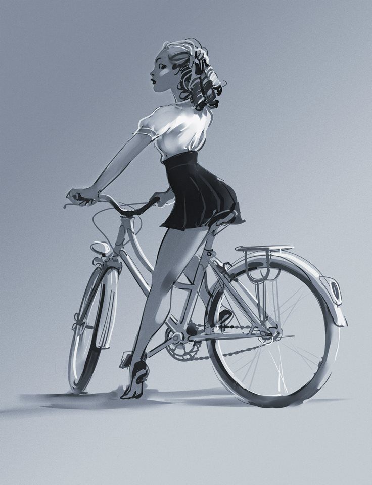 Illustration of a stylish woman in vintage attire riding a bicycle, showcasing retro fashion charm.