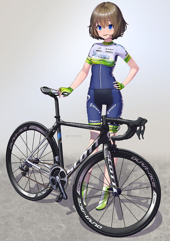 Anime girl in cycling outfit holding a road bike, wearing blue-green sportswear and matching gloves.