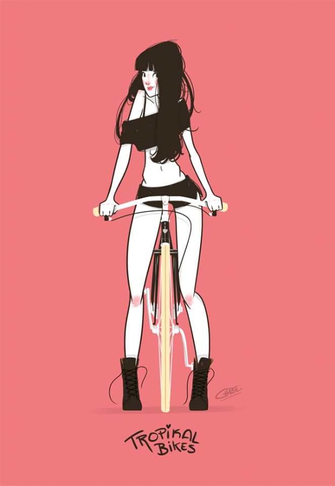 Illustration of a woman on a bike with Tropikal Bikes logo, set against a pink background.