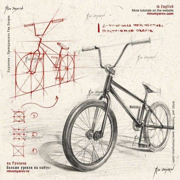 Bicycle sketch with perspective drawing instructions, featuring red construction lines and detailed annotations.