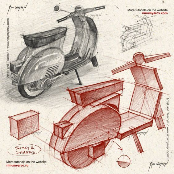 Sketch of a scooter with simple geometric shape breakdowns, highlighting drawing techniques and structural analysis.