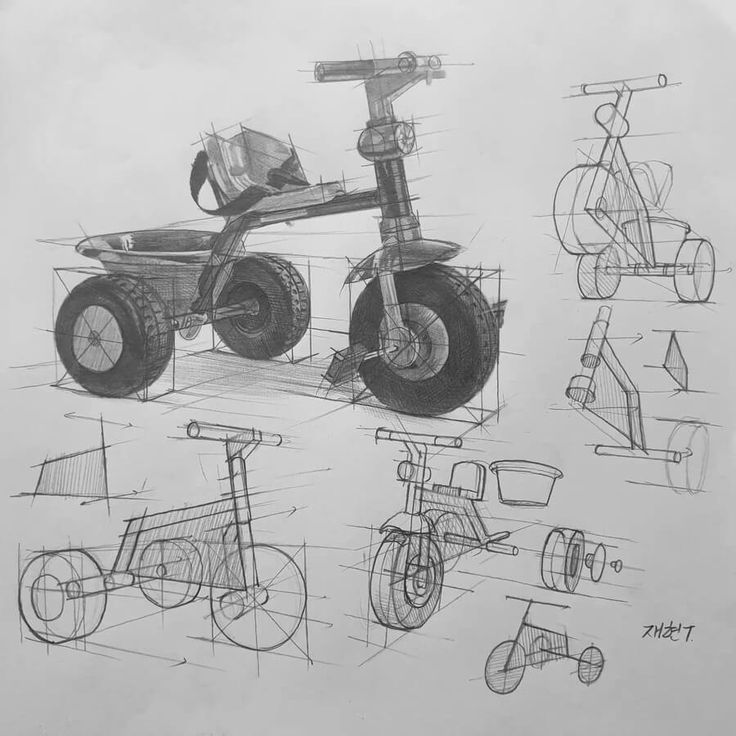 Hand-drawn sketches of a tricycle design concept with detailed components and structure.