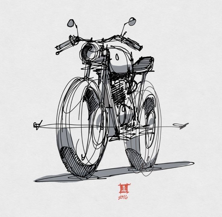 Sketch of a classic motorcycle with intricate line work, showcasing its front view on a minimalist background.