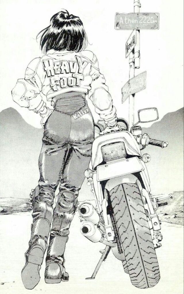 Motorcyclist in jacket with Heavy Foot near street signs, standing by bike in black and white illustration.