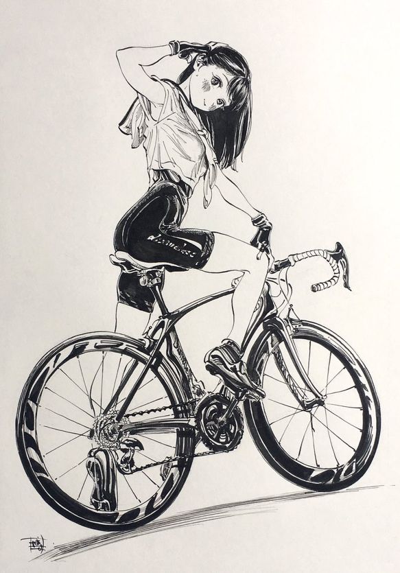 Anime-style illustration of a girl posing with a bicycle, wearing cycling gear and striking a confident pose.