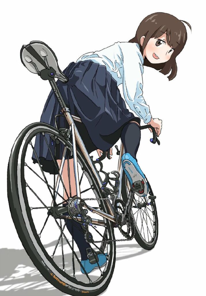 Anime girl riding a bicycle, wearing a school uniform and smiling, with a focus on the bike's rear wheel and gears.