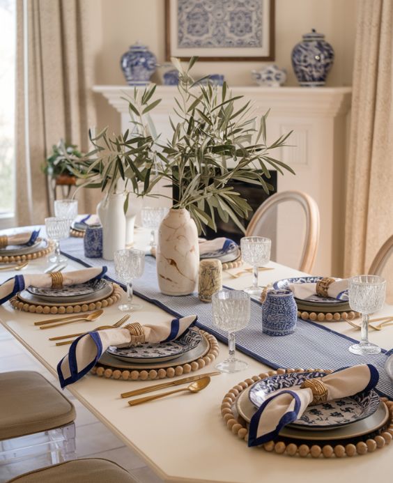 Elegant dining table setup with blue and white plates, gold cutlery, and a central vase with greenery.