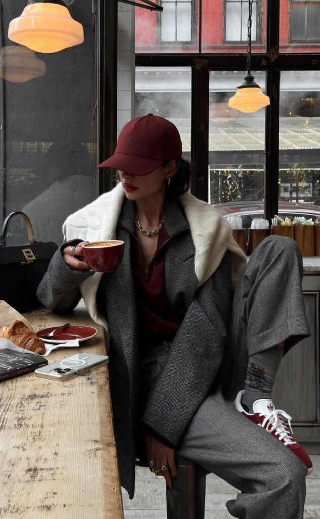 Stylish woman in cozy cafe, wearing gray coat and red cap, sipping coffee with croissant on the table.