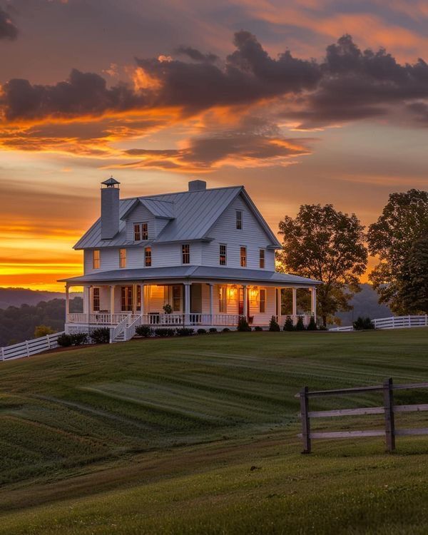 White farmhouse amidst a vibrant sunset, surrounded by lush greenery and fenced landscape.