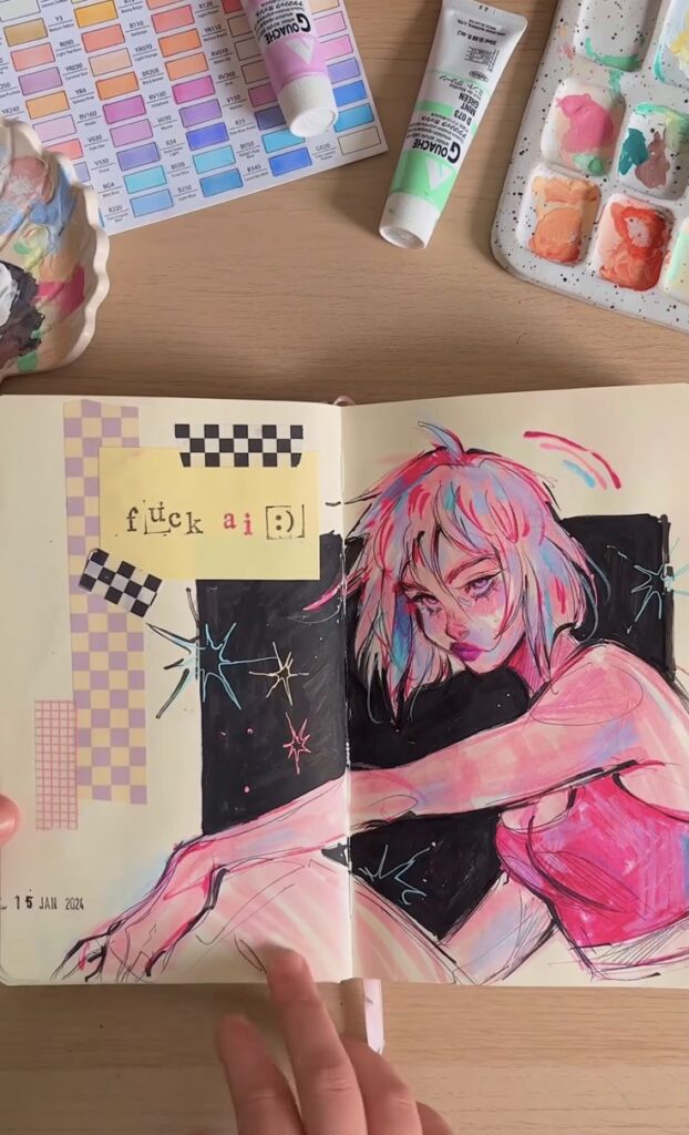 Sketchbook art with colorful sketch, paints, and an anti-AI message. Creative and expressive notebook drawing.