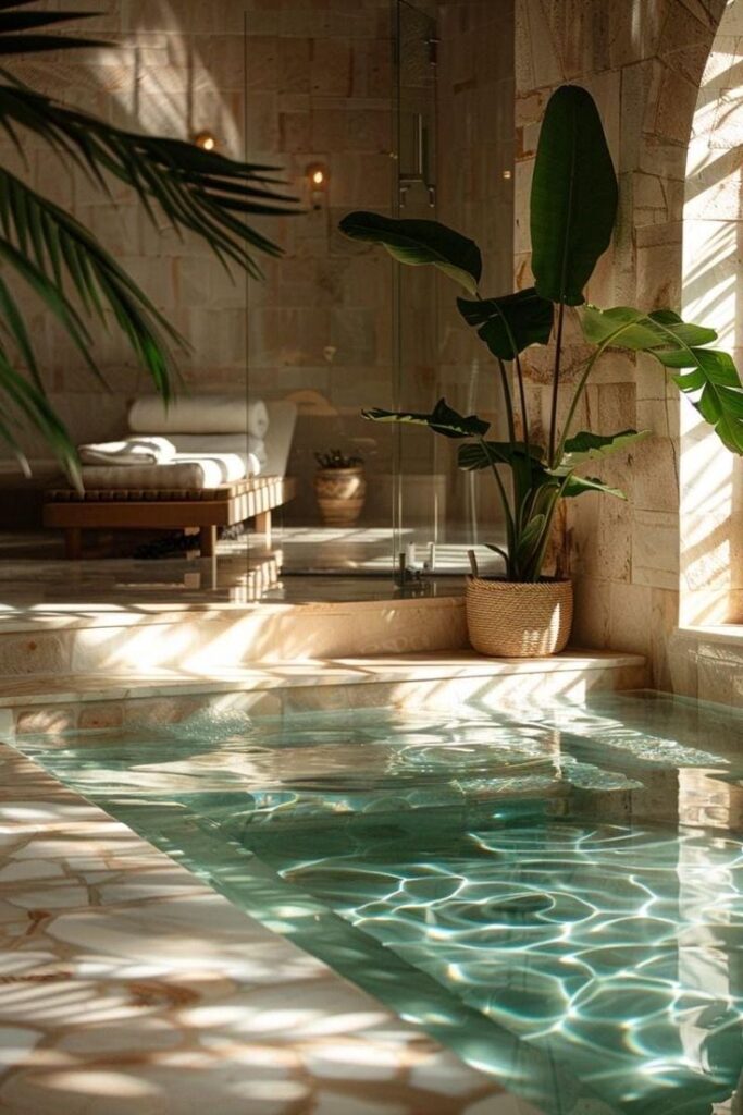 Luxury spa pool with tropical plants, sunlit stone walls, and serene ambiance for relaxation and rejuvenation.