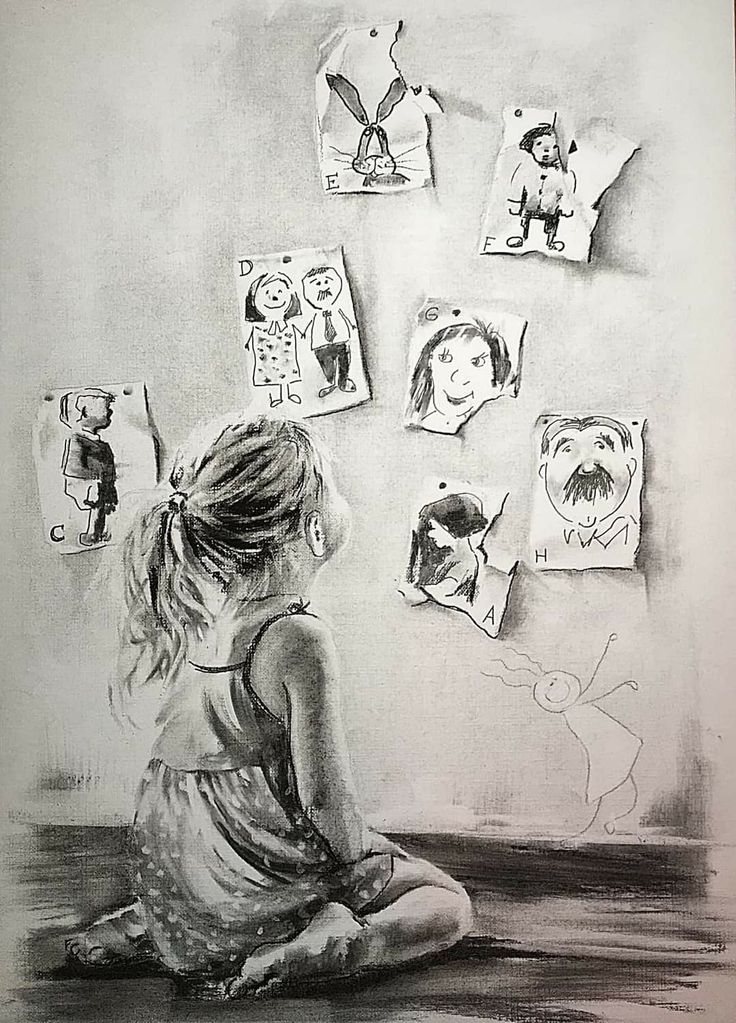 Child gazes at wall of whimsical drawings, depicting various characters and scenes, sparking imagination and curiosity.