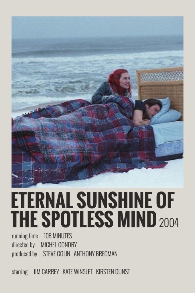 Movie poster for Eternal Sunshine of the Spotless Mind with beach scene and cast names. Directed by Michel Gondry.