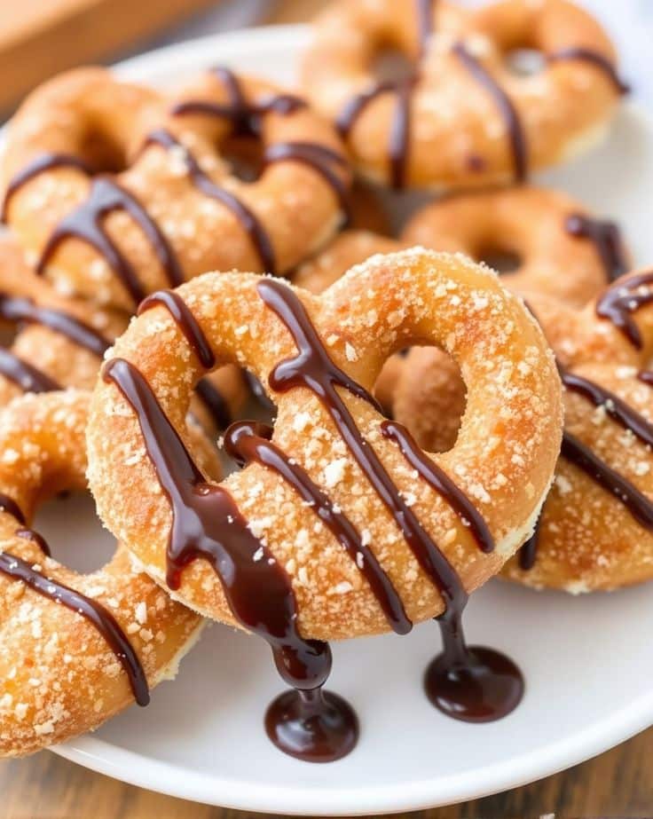 Sugary donuts drizzled with chocolate syrup on a white plate, perfect for sweet cravings or dessert ideas.