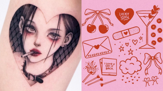 Heart-shaped tattoo of a girl with a cigarette and pink designs featuring cherries, love letters, and bows.