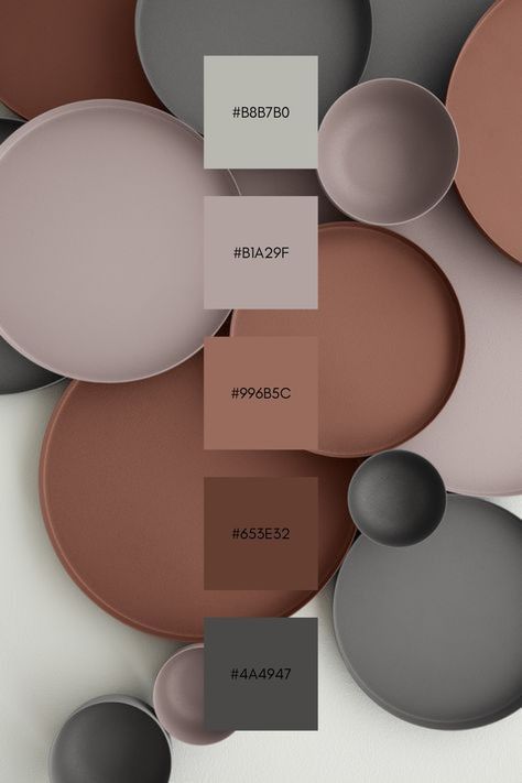 Color palette with earthy tones: greys, browns, and beige (#B8B7B0, #B1A29F, #996B5C, #653E32, #4A4947), overlapping circles.