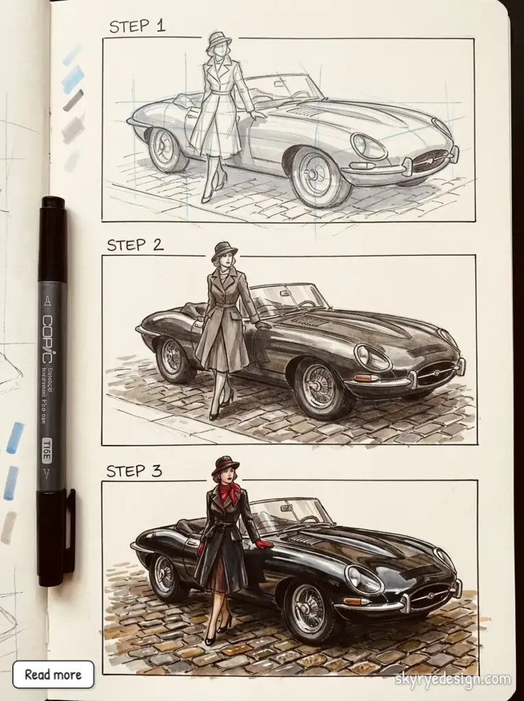 Illustrated steps of a woman and a classic sports car transformation, featuring shading and color enhancements with art markers.