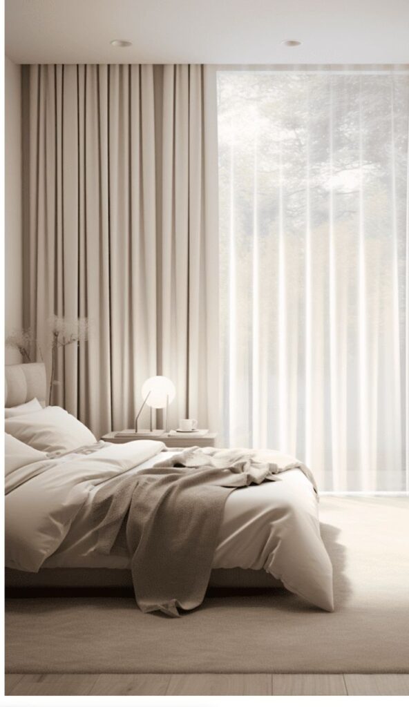 Minimalist bedroom with cozy bed, soft beige curtains, and ambient lighting creating a serene atmosphere.