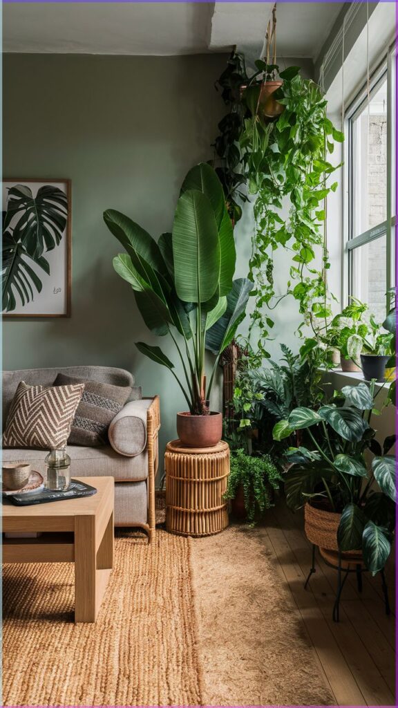 Cozy living room with lush indoor plants, gray sofa, and natural light from a window.