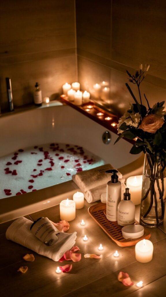 Luxurious candlelit bath with rose petals and spa products for a relaxing ambiance.