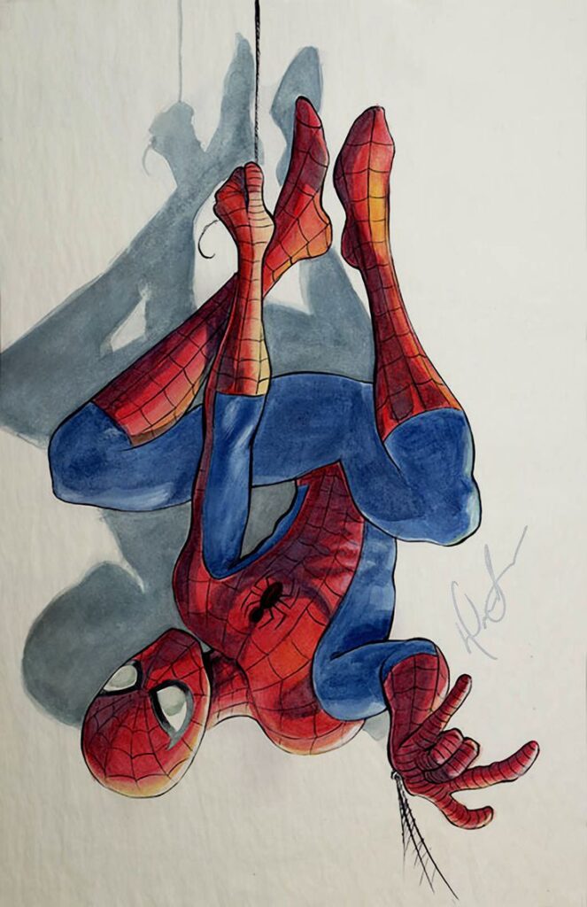 Superhero in red and blue suit hanging upside down, striking a web-slinging pose against a simple backdrop.