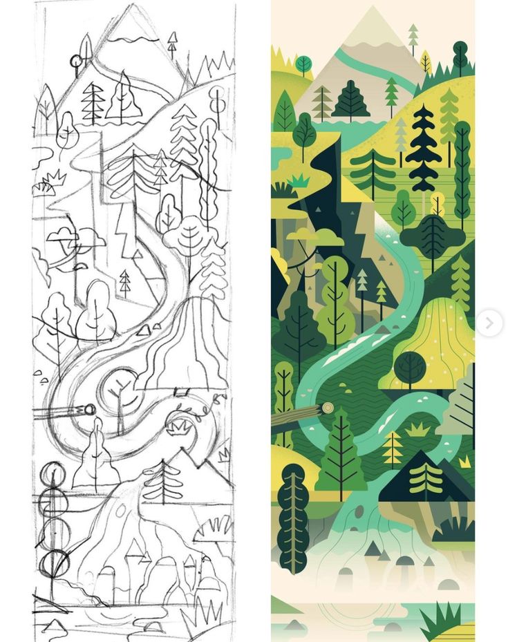 Illustration transformation: Pencil sketch of a scenic landscape to a colorful digital forest design.