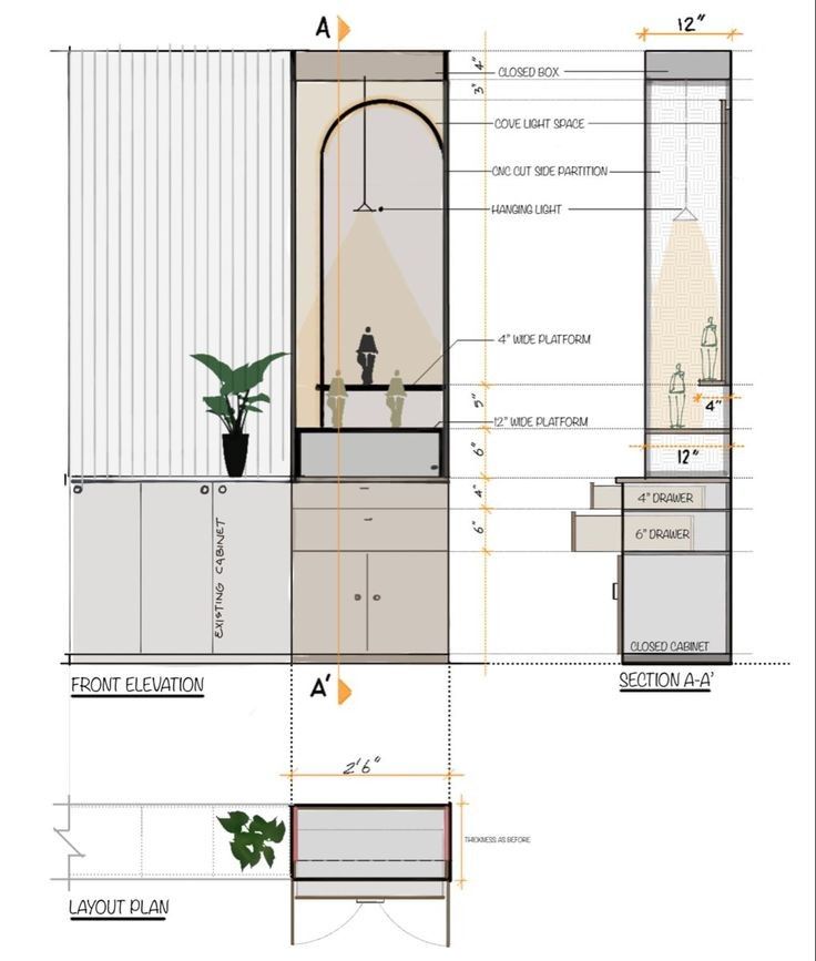 Interior layout with cabinets, plant, and lighting details in architectural elevation and sectional plan.