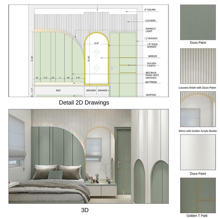 Bedroom interior design with 2D and 3D views, featuring Duco paint, mirrors, and detailed paneling.