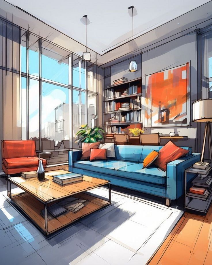 Modern living room with a blue sofa, orange accents, large windows, bookshelves, and stylish decor.