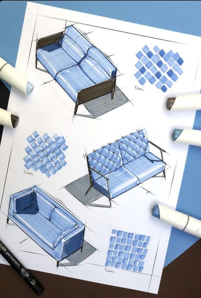 Sofa design sketches with blue fabric swatches and markers on paper.