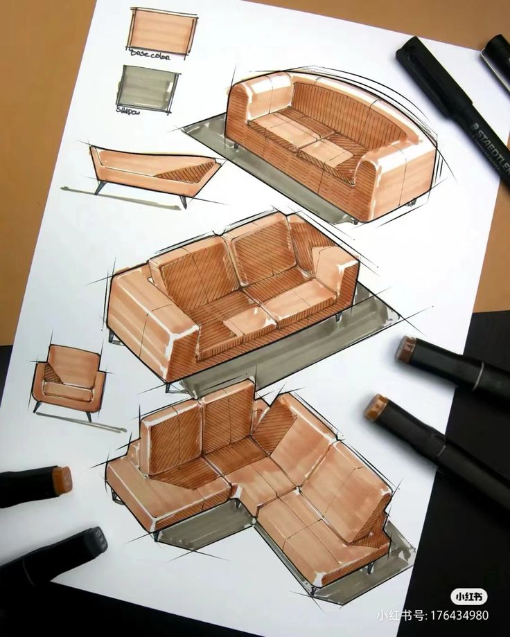 Sketch of modern brown sofa design with markers, showcasing different perspectives and seating configurations.