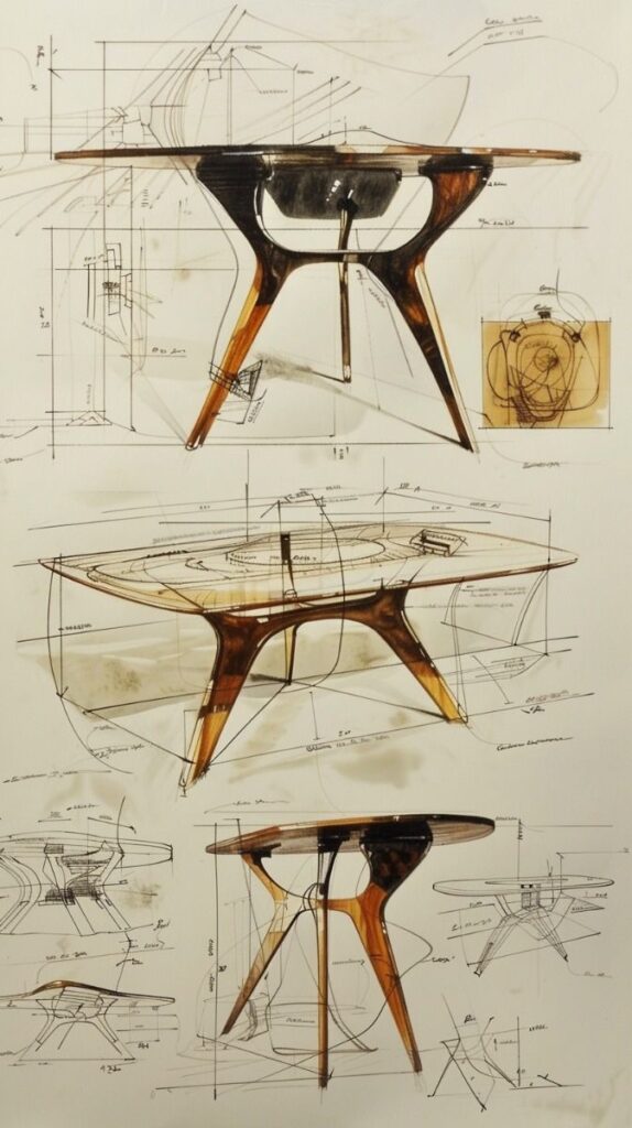 Hand-drawn architectural sketches of a modern wooden table prototype with measurements and design notes.