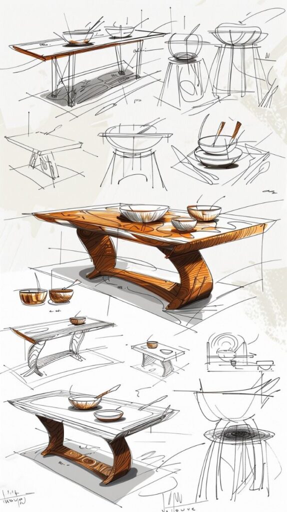 Concept sketches of an artistic wooden dining table and bowls, showcasing design variations and details.