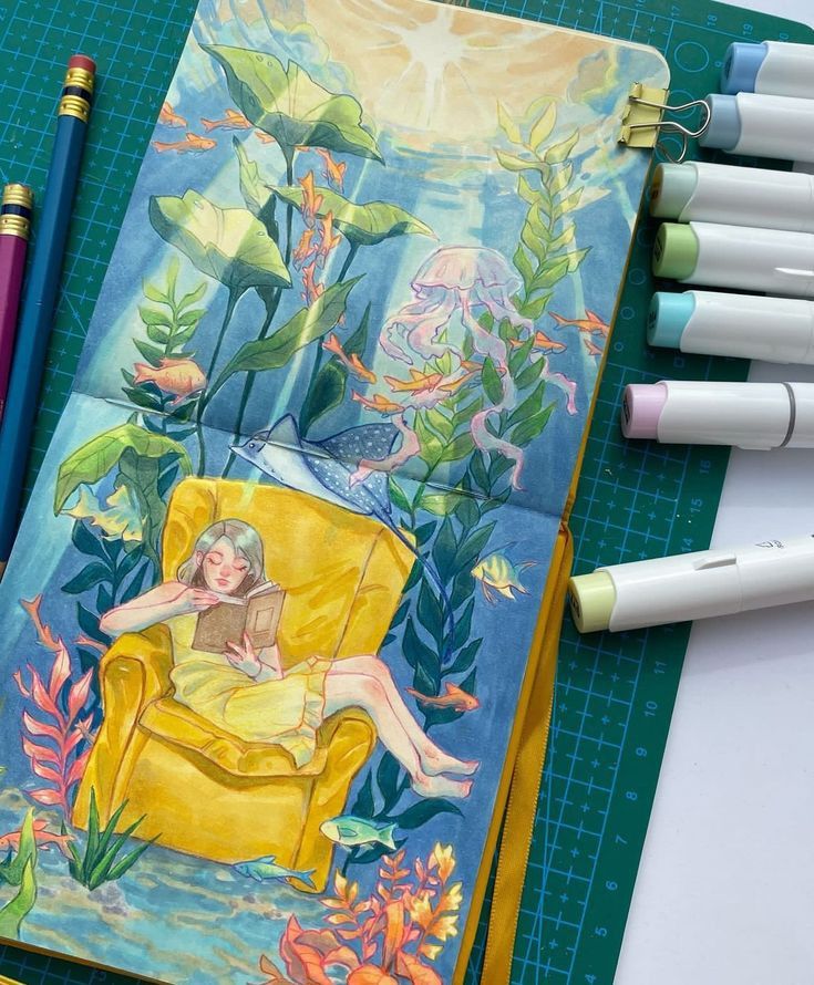 Illustration of a girl reading underwater, surrounded by colorful sea life, on an art journal with markers and pencils.