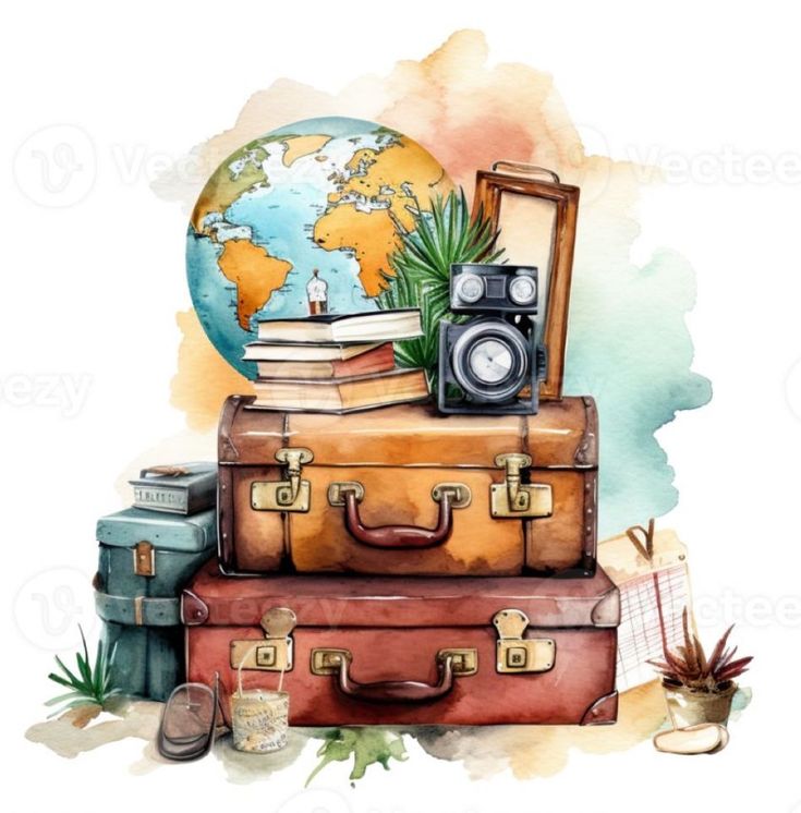 Vintage travel essentials: globe, suitcases, books, camera, map, plants. Ideal for adventure and exploration themes.