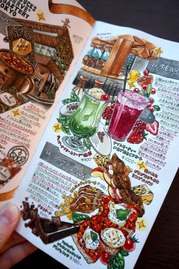 Illustrated menu featuring colorful drinks and food from a Tokyo café, showcasing vibrant dishes and beverages.