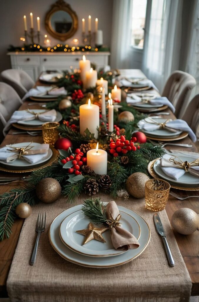 Elegant Christmas table setting with candles, festive decorations, and greenery for a cozy holiday dinner.