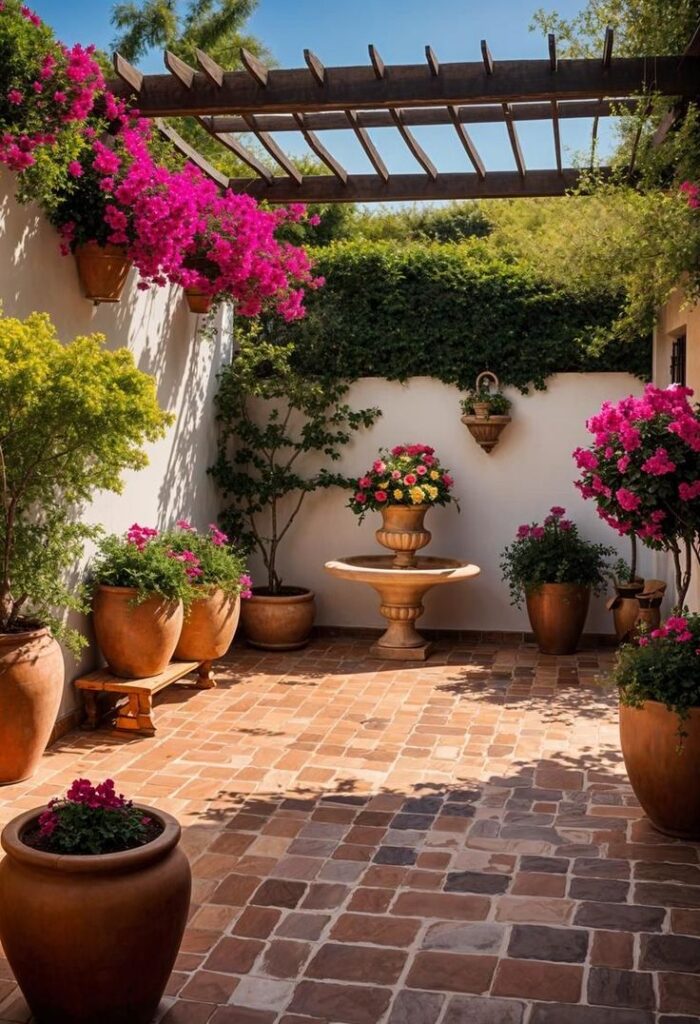 Charming courtyard garden with vibrant flowers, terracotta pots, and wooden pergola under a sunny sky.